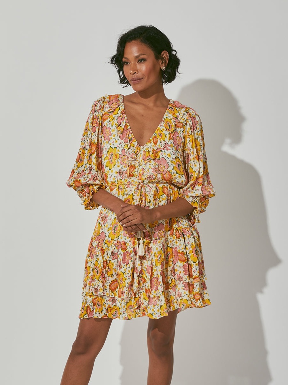 New Cleobella Floral V-Neck Long Sleeve Dress in Yellow, Orange, & Pink Medium